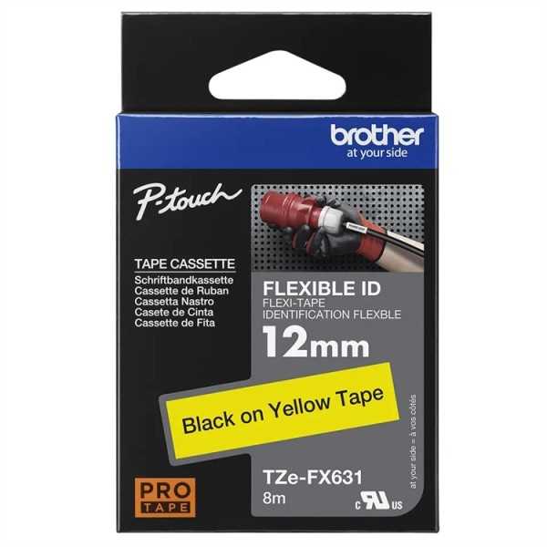 P-TOUCH 12MM TZE-FX631 MUSTA/KELT. FLEXI