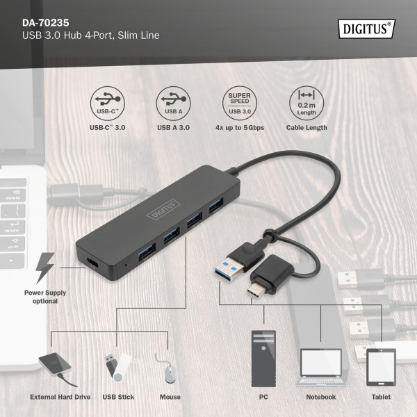 DIGITUS USB 3.0 HUB 4-PORT, SLIMLINE