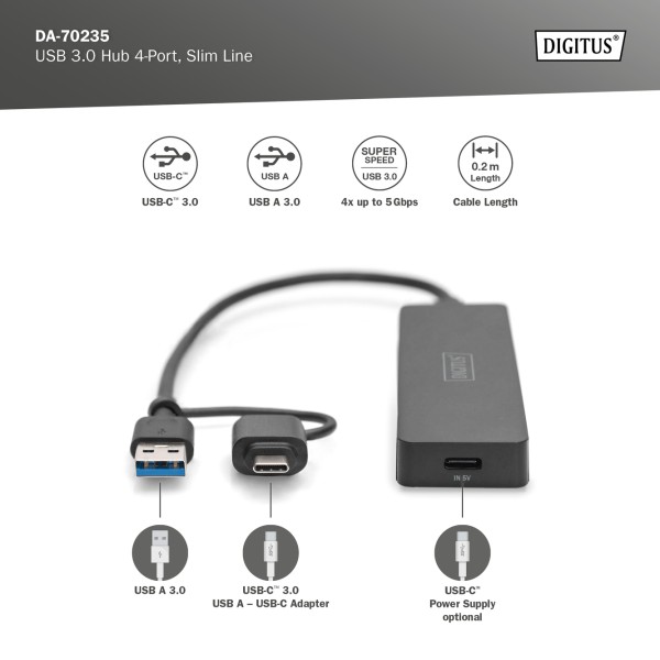 DIGITUS USB 3.0 HUB 4-PORT, SLIMLINE