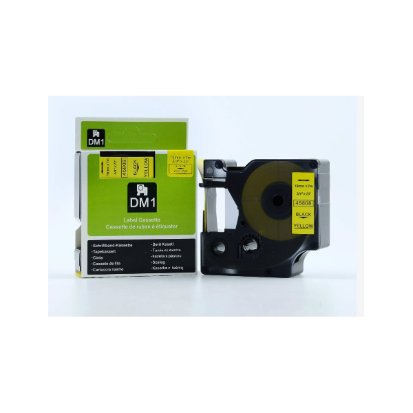 DM1 DYMO-yhteensopiva tarranauha 19 mm x 7 m, musta/keltainen