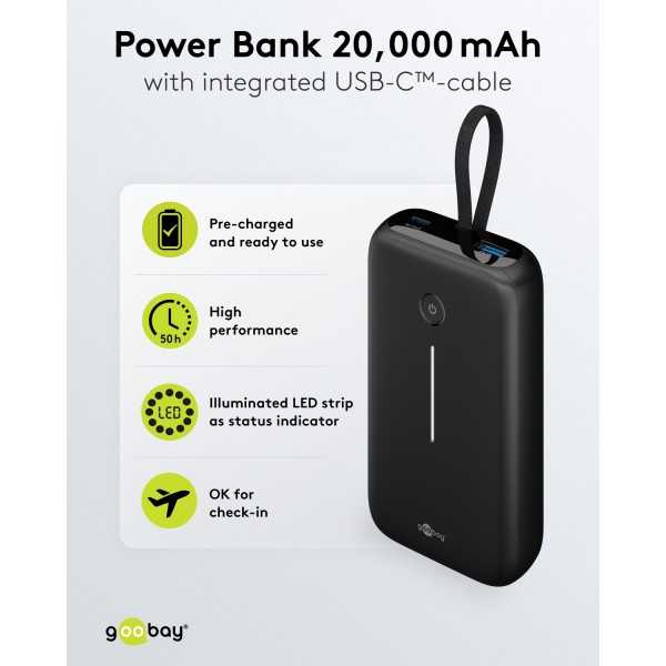 Varavirtalähde 20 000 mAh sisäänrakennetulla USB-C-kaapelilla