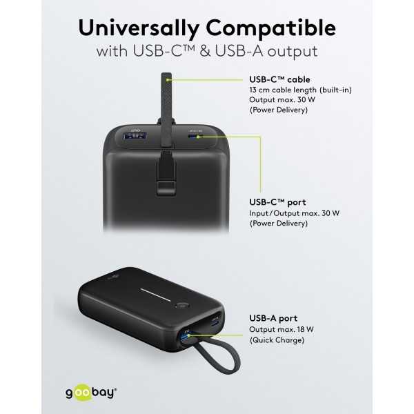 Varavirtalähde 20 000 mAh sisäänrakennetulla USB-C-kaapelilla