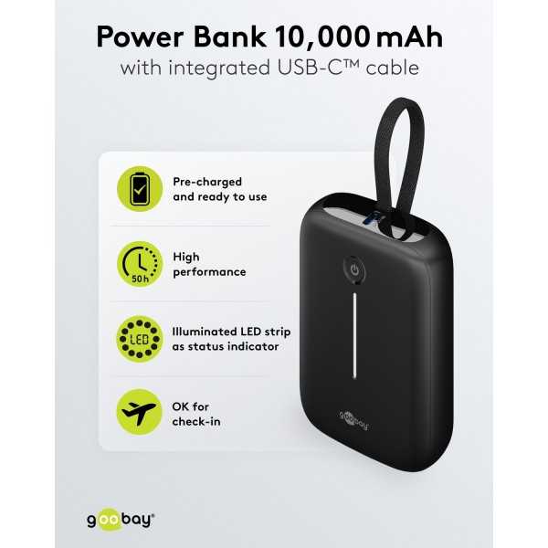 Varavirtalähde 10 000 mAh, sisäänrakennetulla USB-C-kaapelilla