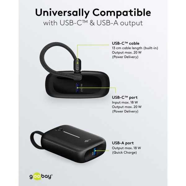 Varavirtalähde 10 000 mAh, sisäänrakennetulla USB-C-kaapelilla