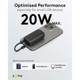 Varavirtalähde 5 000 mAh, jossa sisäänrakennettu USB-C-kaapeli