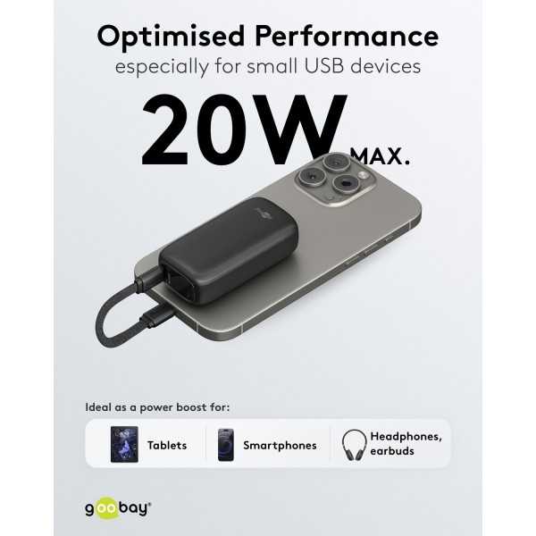 Varavirtalähde 5 000 mAh, jossa sisäänrakennettu USB-C-kaapeli