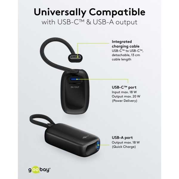 Varavirtalähde 5 000 mAh, jossa sisäänrakennettu USB-C-kaapeli