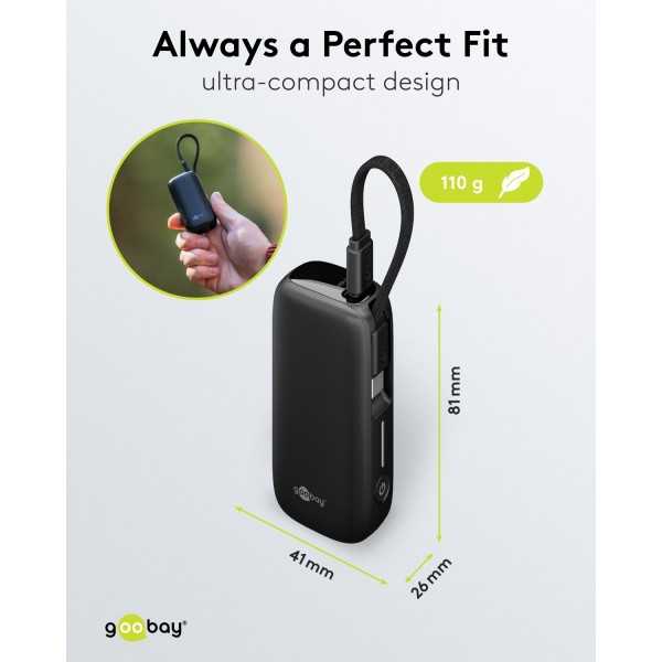 Varavirtalähde 5 000 mAh, jossa sisäänrakennettu USB-C-kaapeli