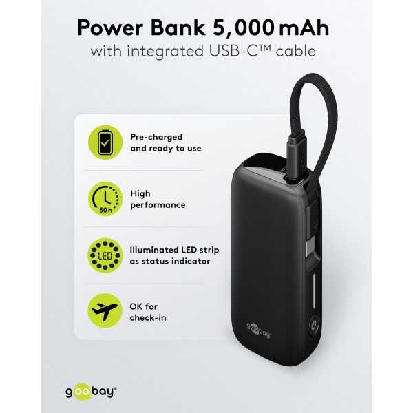 Varavirtalähde 5 000 mAh, jossa sisäänrakennettu USB-C-kaapeli