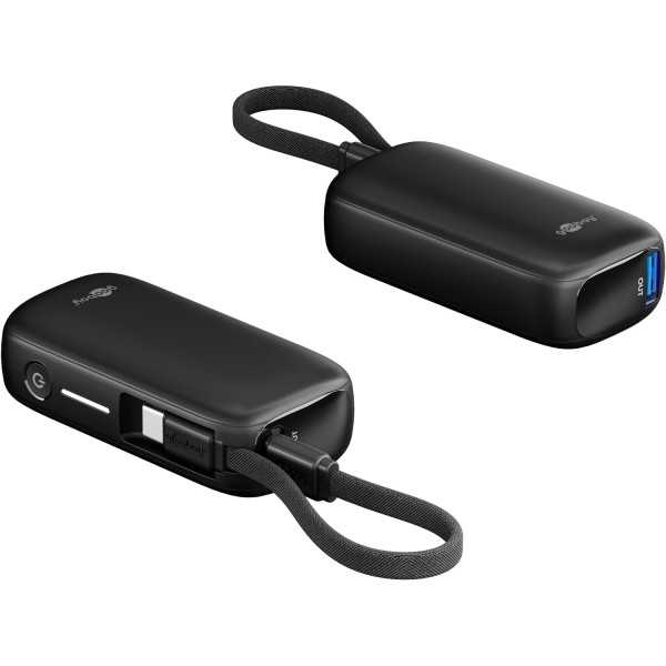 Varavirtalähde 5 000 mAh, jossa sisäänrakennettu USB-C-kaapeli