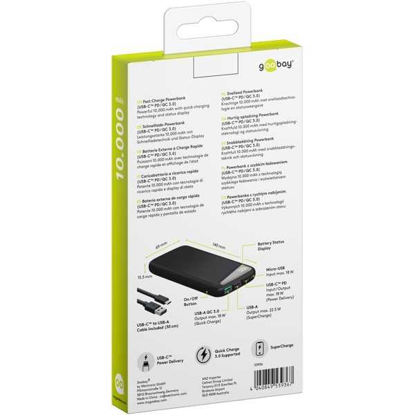 Pikalatausvirtapankki 10 000 mAh virransyötöllä