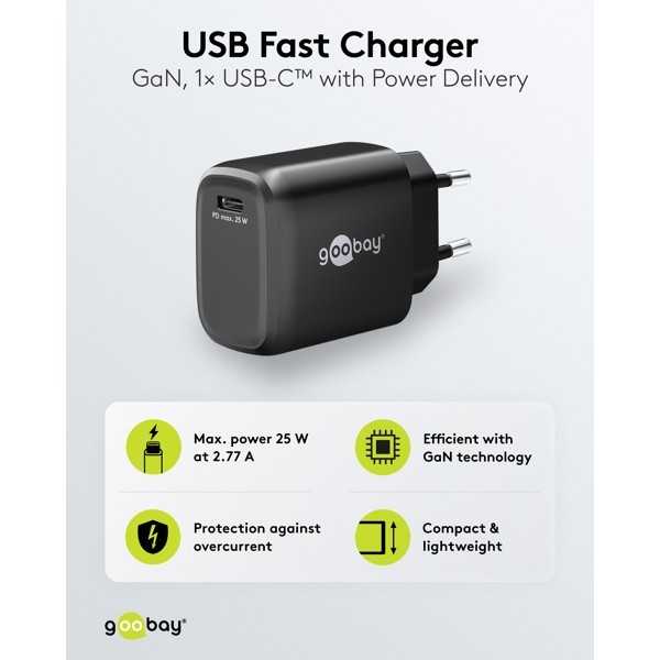25 W USB-C PD GaN -pikalaturi, musta