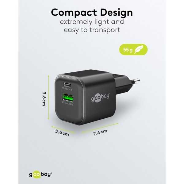 20 W USB-C PD GaN -kaksoispikalaturi, musta