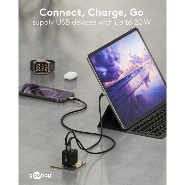 20 W USB-C PD GaN -kaksoispikalaturi, musta
