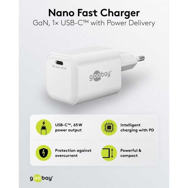 65 W USB-C PD GaN -pikalaturi Nano, valkoinen