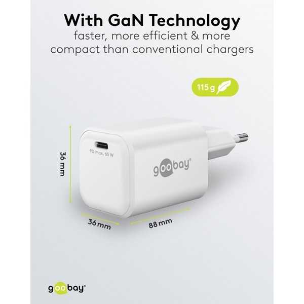 65 W USB-C PD GaN -pikalaturi Nano, valkoinen
