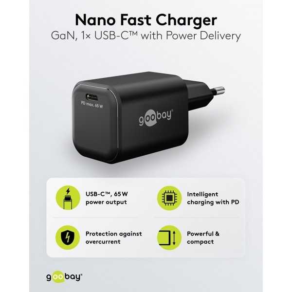 65 W USB-C PD GaN -pikalaturi Nano, musta