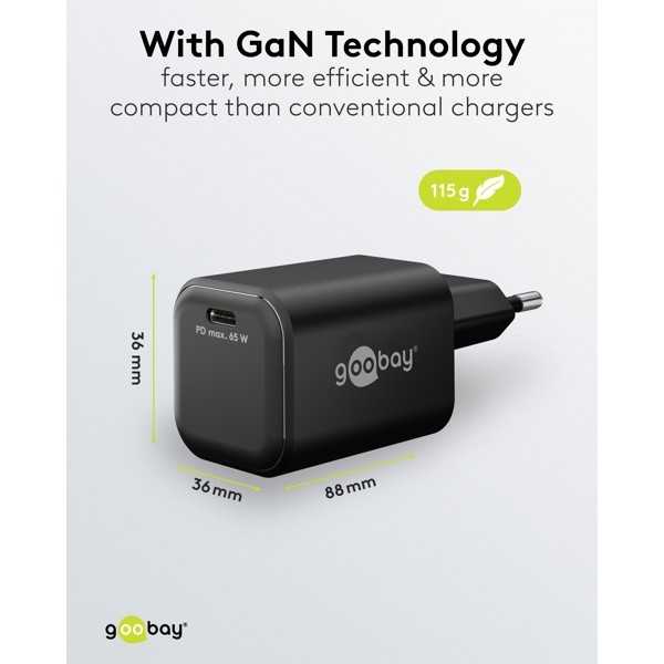 65 W USB-C PD GaN -pikalaturi Nano, musta