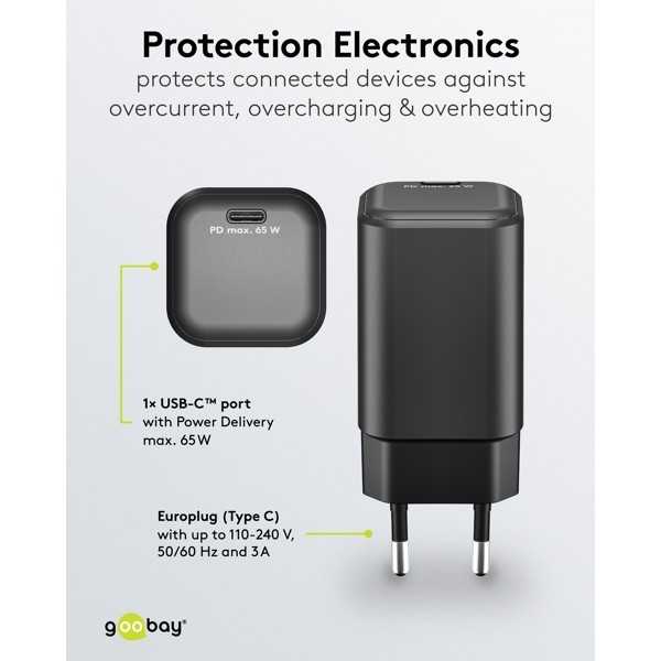65 W USB-C PD GaN -pikalaturi Nano, musta