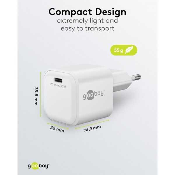 30 W USB-C PD GaN -pikalaturi Nano, valkoinen