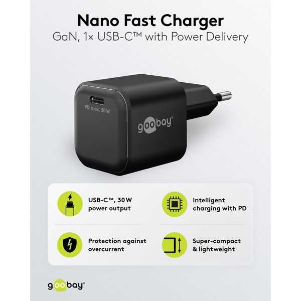 30 W USB-C PD GaN -pikalaturi Nano, musta