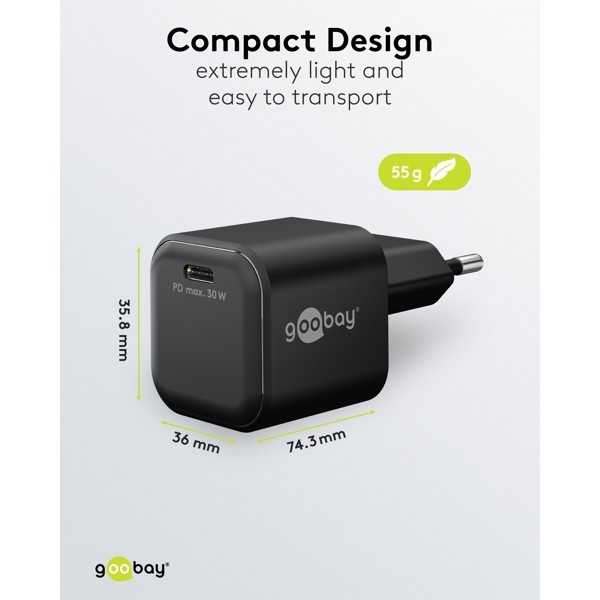 30 W USB-C PD GaN -pikalaturi Nano, musta