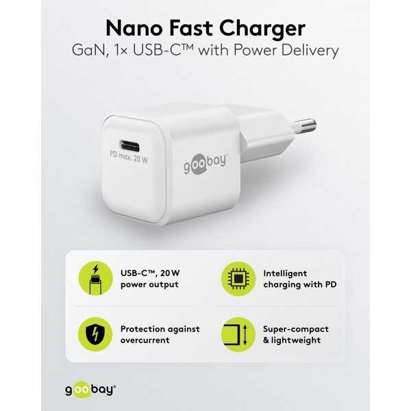 20 W USB-C PD GaN -pikalaturi Nano, valkoinen
