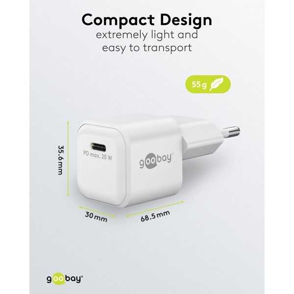 20 W USB-C PD GaN -pikalaturi Nano, valkoinen