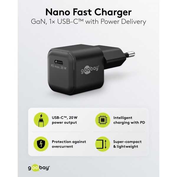 20 W USB-C PD GaN -pikalaturi Nano, musta