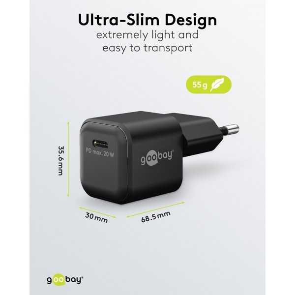 20 W USB-C PD GaN -pikalaturi Nano, musta