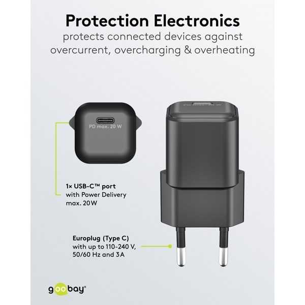 20 W USB-C PD GaN -pikalaturi Nano, musta