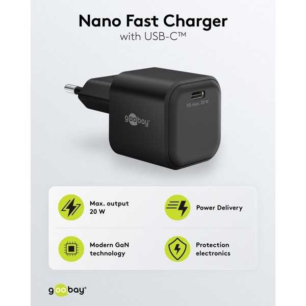 20 W USB-C PD GaN -pikalaturi Nano, musta