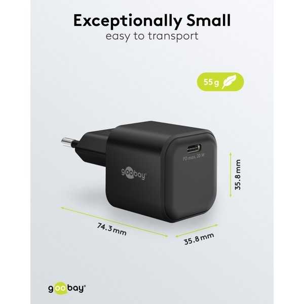 20 W USB-C PD GaN -pikalaturi Nano, musta