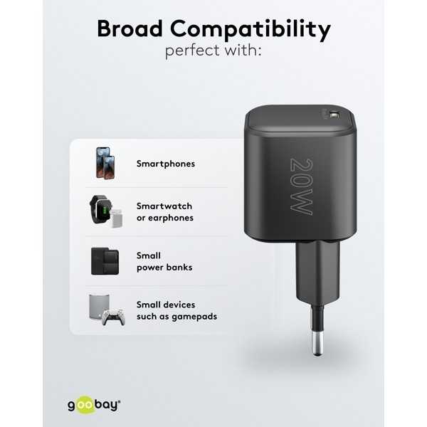20 W USB-C PD GaN -pikalaturi Nano, musta