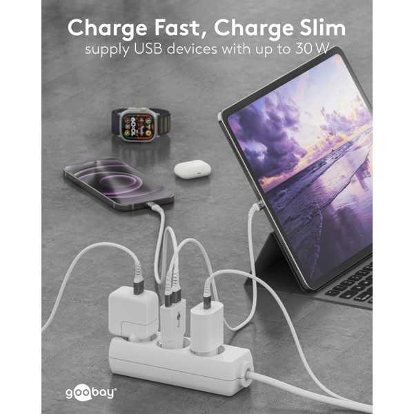 30 W USB-C PD GaN -kaksoispikalaturi, ohut, valkoinen
