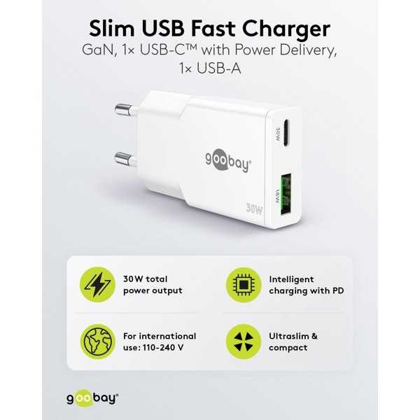 30 W USB-C PD GaN -kaksoispikalaturi, ohut, valkoinen