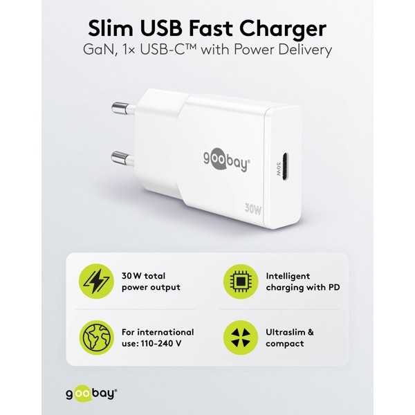 30 W USB-C PD GaN -pikalaturi, ohut, valkoinen