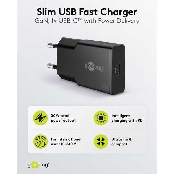 30 W USB-C PD GaN -pikalaturi, ohut, musta
