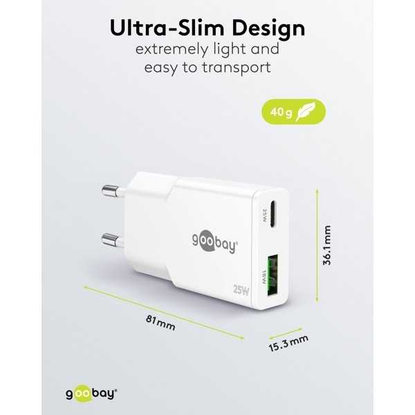 25 W USB-C PD GaN -kaksoispikalaturi, ohut, valkoinen