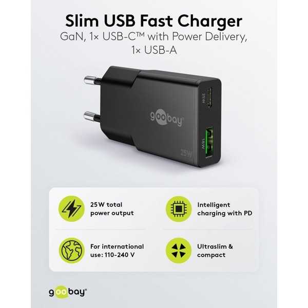 25 W USB-C PD GaN -kaksoispikalaturi, ohut, musta