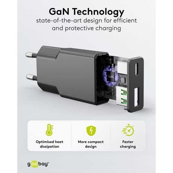 25 W USB-C PD GaN -kaksoispikalaturi, ohut, musta