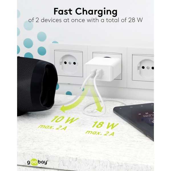 28 W USB-A QC -kaksoispikalaturi, valkoinen