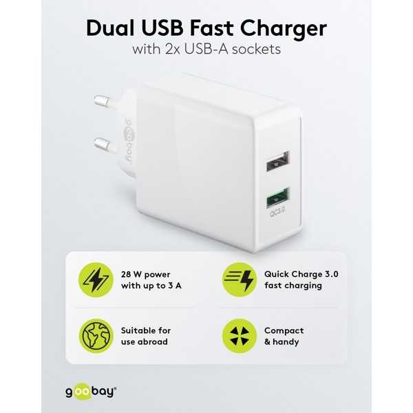 28 W USB-A QC -kaksoispikalaturi, valkoinen
