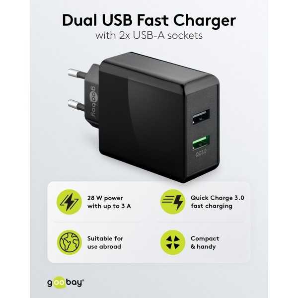 28 W USB-A QC -kaksoispikalaturi, musta