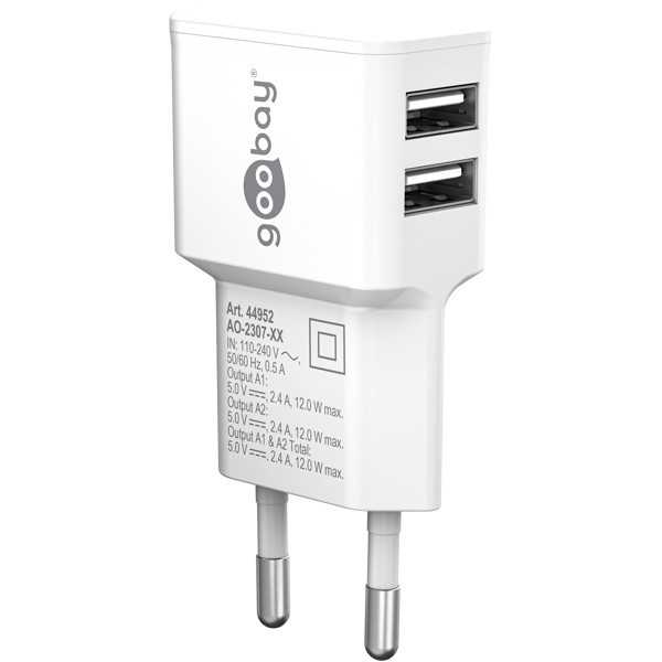 12 W USB-A kaksoislaturi, valkoinen