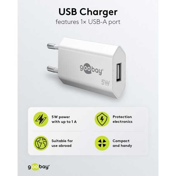 5 W USB-A-laturi, valkoinen