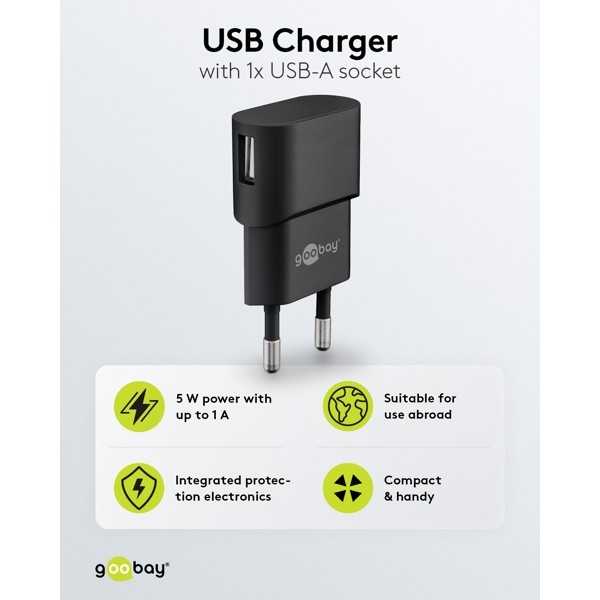5 W USB-A-laturi musta