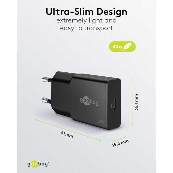 25 W USB-C PD GaN -pikalaturi, ohut, musta