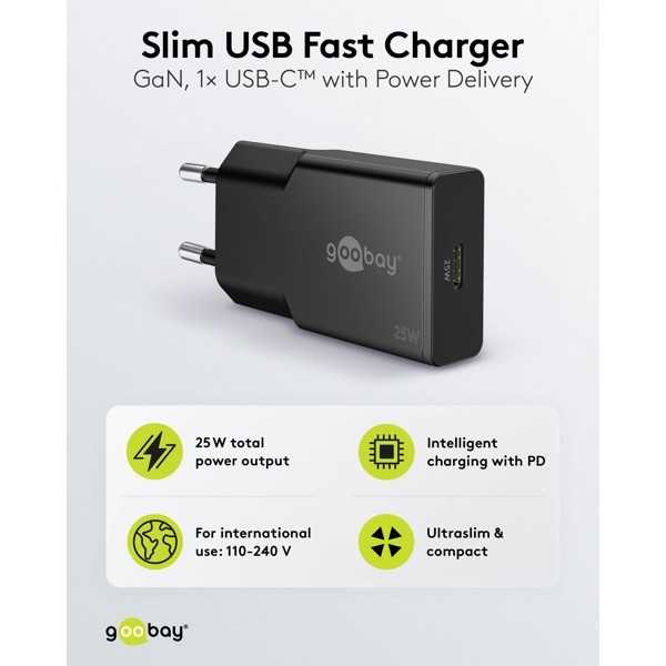 25 W USB-C PD GaN -pikalaturi, ohut, musta