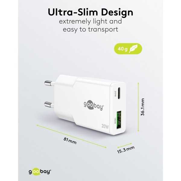20 W USB-C PD GaN -kaksoispikalaturi, ohut, valkoinen